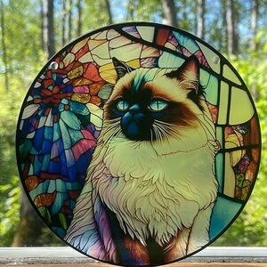 Suncatcher Acrylic Cat Blue Eyes Colourful Design 6” Gift Faux Stained Glass
